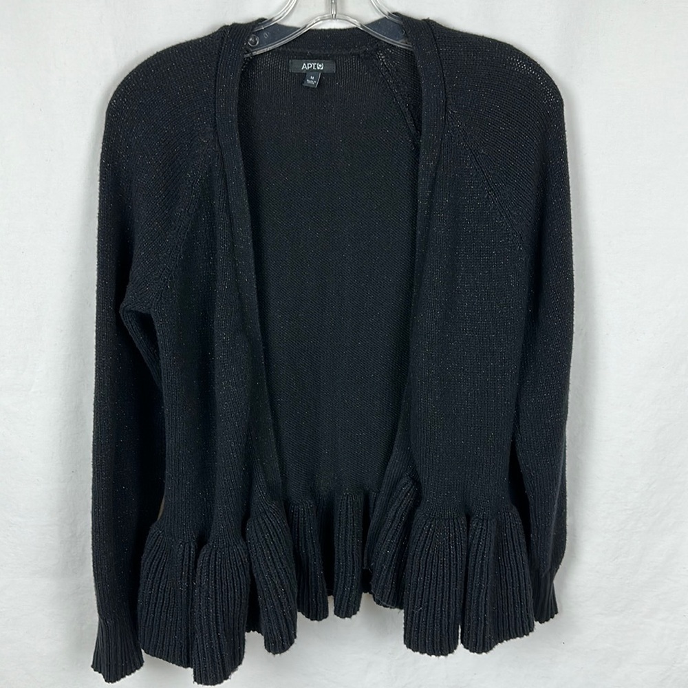 Apt. 9 black sweater with front hooks, ruffle bottom, size M
